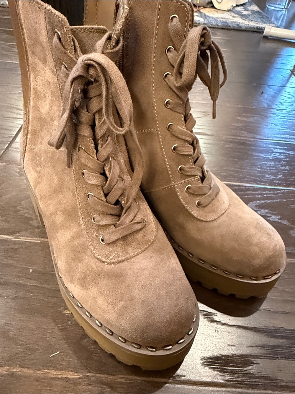 Vince Camuto Taupe Suede Lace-Up Platform Combat Boots - Picture 8 of 10